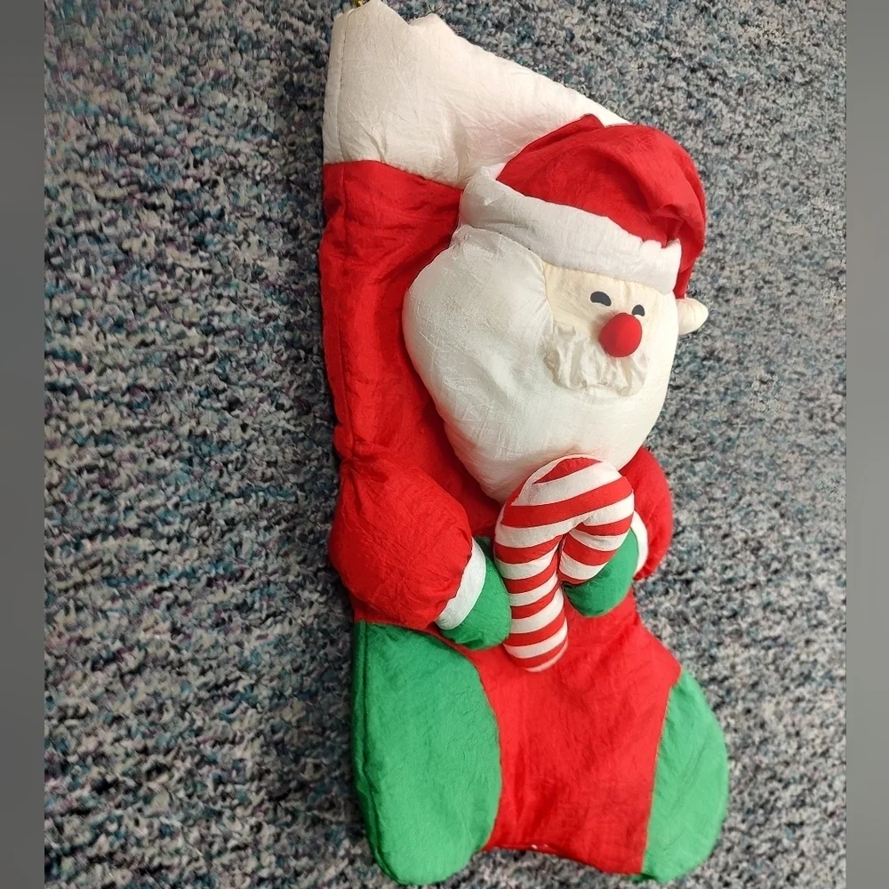 Vintage Nylon Parachute 3D Plush Santa Claus Candy Cane Christmas Stocking